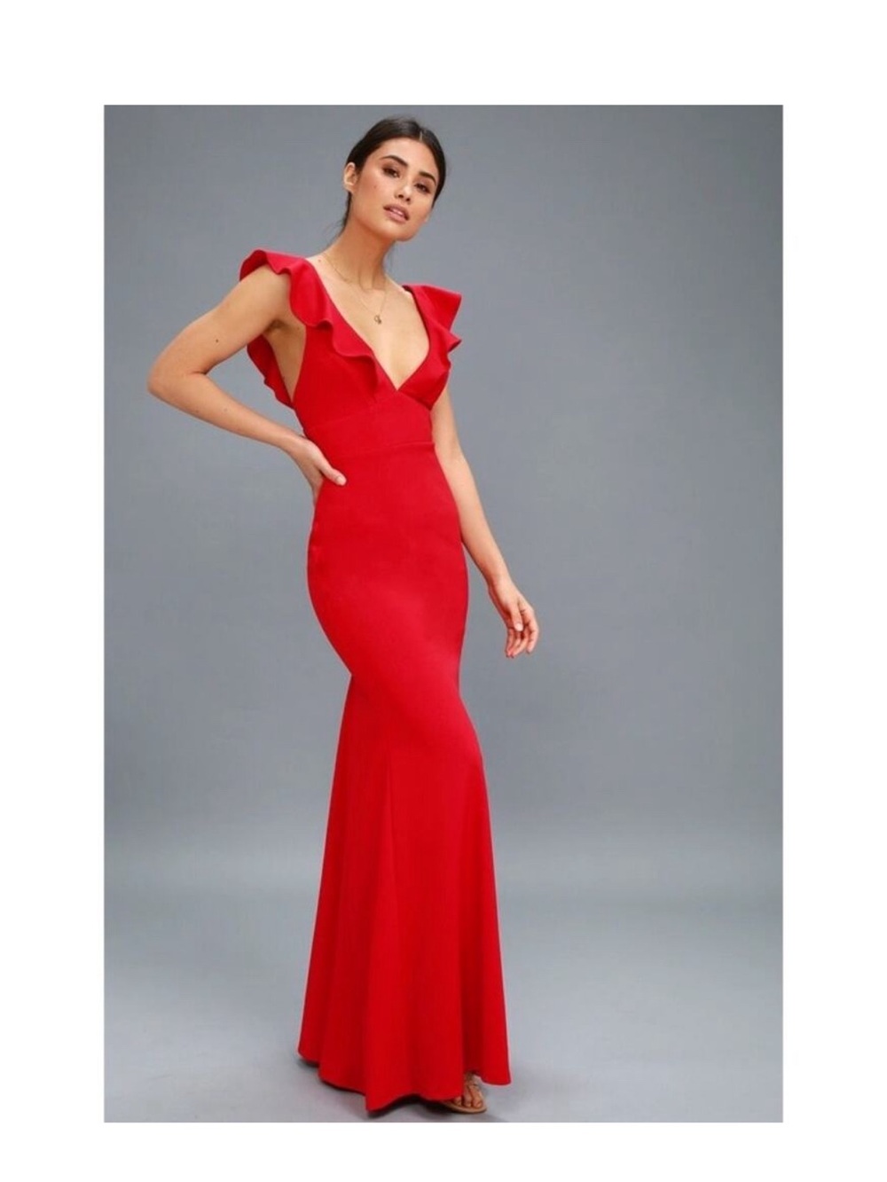 Lulu's Scarlet Ruffle-Shoulder Mermaid Maxi Dress